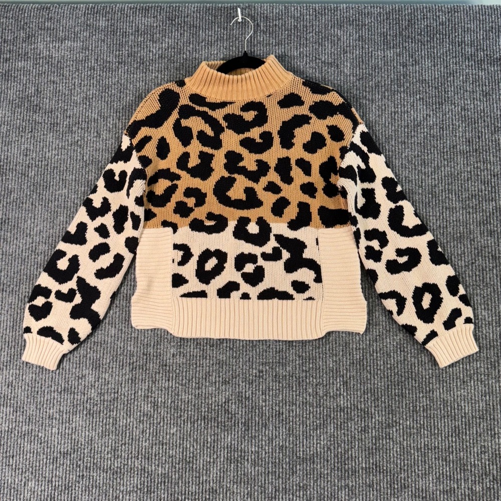 Nine West Womens M Leopard Print Mock Neck Sweater Knit Pullover‎ Statement Top